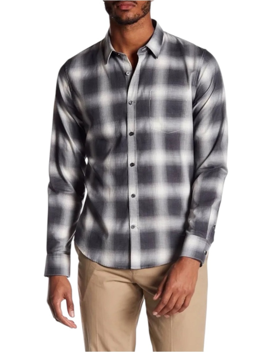Vince Men's Shadow Plaid Button-Up Woven Shirt in Gray Size L